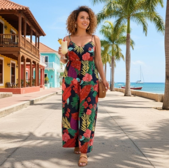 2XL Tropical Print Plus Size Jumpsuit Cami Straps Colorful Trendy Beach Vibes - Picture 1 of 10